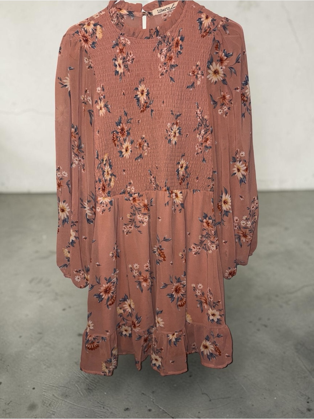 Liberty Love Dusty Rose Floral Long-Sleeve Smocked Dress